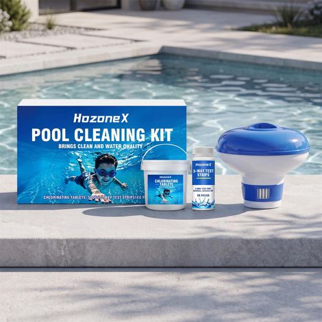 Pool cleaning kit for daily cleaning, reducing pool scale, minimizing odors, clarifying water quality, and purifying the pool – includes 300g chlorine tablets for pools, 50 test strips (3-in-1), and a (1/5)
