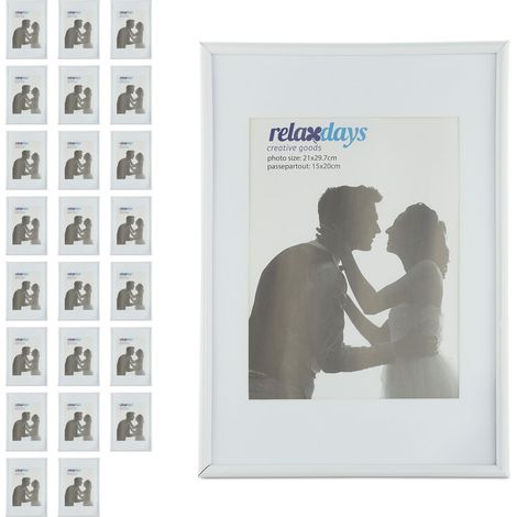 Relaxdays Picture Frame, Set of 10, A4 format, Wood, Portrait & Landscape Format, Passepartout, Plastic, White