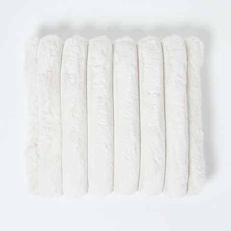 HOMESCAPES Cream Faux Fur Ribbed Cushion, 45 x 45cm (1/5)