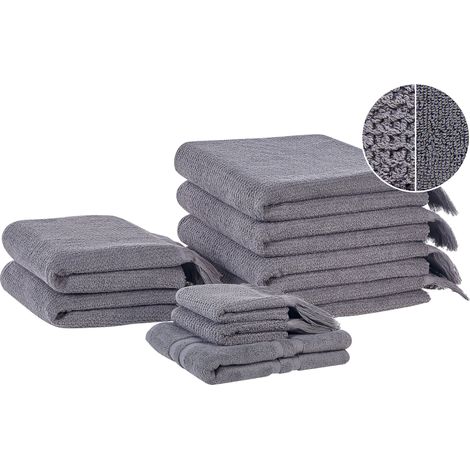 Conjunto de 9 toallas de algodón gris rizo textura borlas decorativas baño Atiu
