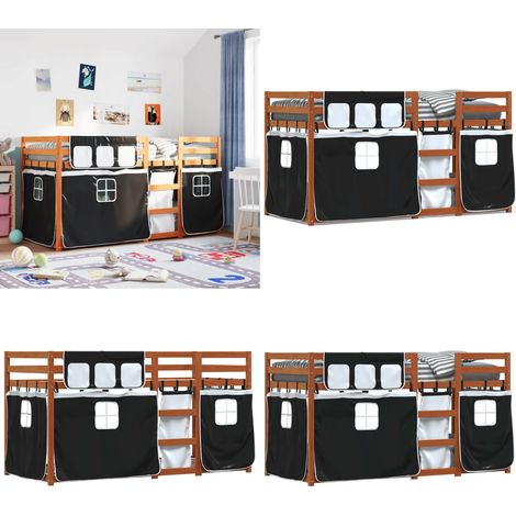 Etagenbett mit Vorhängen Weiß & Schwarz 90x190 cm Kiefernholz - Kinderzimmermöbel - Hochbett - Etagenbett - Jugendzimmer - Holzbett - Home & Living