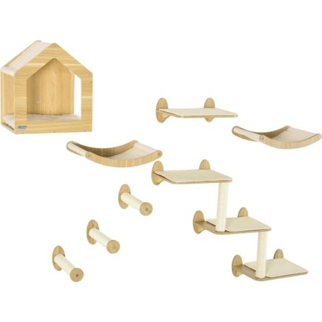 8 Piece Cat Shelf Set with Cat House, Three Perches and Three Scratching Posts for Ultimate Cat Climbing Fun (1/5)