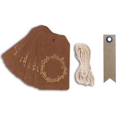 20 étiquettes kraft 8 cm Couronne de fleurs dorée & ficelle + 20 étiquettes kraft Fanion