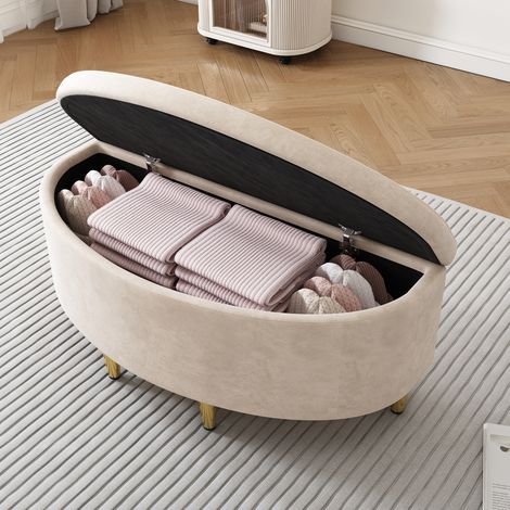 Banc capitonné en velours avec coffre de rangement, repose-pieds à pieds métalliques, idéal pour l’entrée, le salon ou la chambre, dimensions 90 x 40 x 42 cm, couleur beige (1/5)