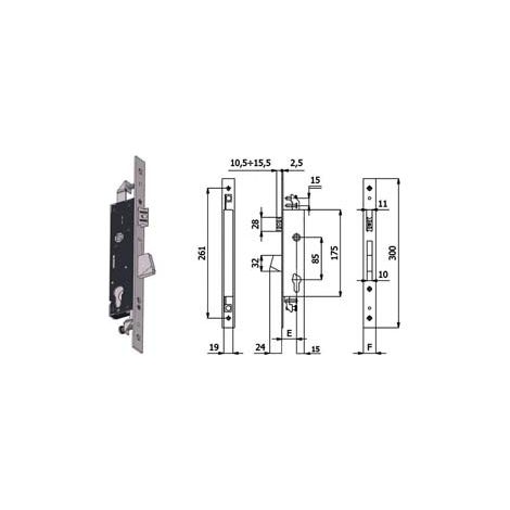SERRATURA TRIPLICE INFIL. PER MONTANTI CATENACCIO E SCROCCO 1410  mm.30 interasse mm.85 (1410.30.25)    OMEC