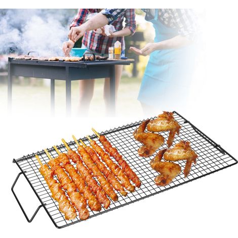 Grille de barbecue portable en fer antiadhésif avec poignée, idéale pour les barbecues en plein air et le camping. (1/5)