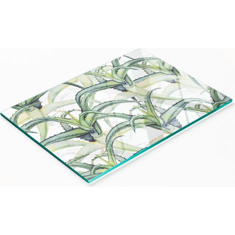 Tabla de cocina de vidrio templado duradera y elegante con estampado de aloe vera, 80x52 cm. (1/5)