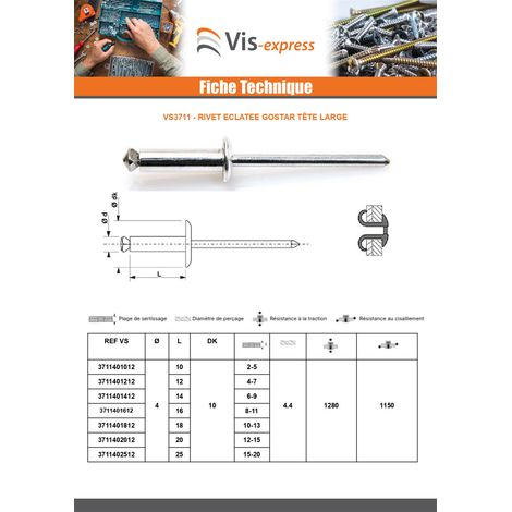 Rivet aveugle éclate GOSTAR Aluminium Tige acier Tête large 4.8X16 Noir