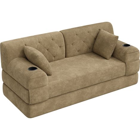 ELVMI Sofá Cama 2 Plazas con Respaldo Alto, 4 Bolsillos Laterales y 2 Portavasos de Pana Color Caqui (1/5)