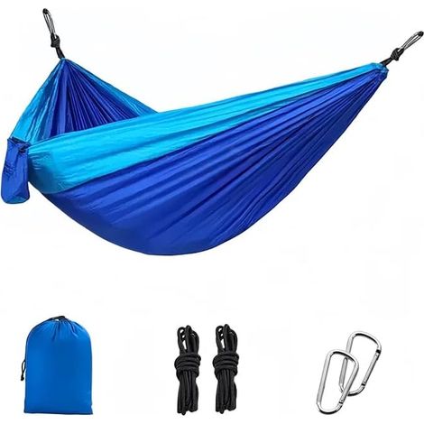 Hamaca de camping, hamaca sencilla, con correa para árbol, portátil y ligera, ideal para senderismo, excursiones a la playa, etc. (Azul) (1/5)