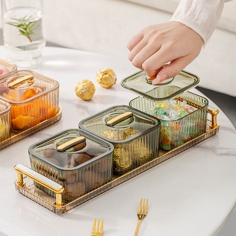 Plateau De Service Pour Snacks - 1 Plateau + 3 Boîtes De Rangement Avec Couvercle - En Plastique Alimentaire Transparent - 31,5 x 9 x 4 cm - Vert (1/5)