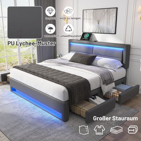 Letto per adulti 140x200 cm, 4 cassetti, USB (supporta la ricarica wireless e cablata), LED, PU, materasso non incluso, grigio (1/5)