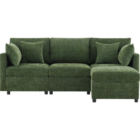 Canapé d'angle modulaire en Chenille vert, convertible en canapé 3 places avec pouf mobile et 4 coussins (1/5)