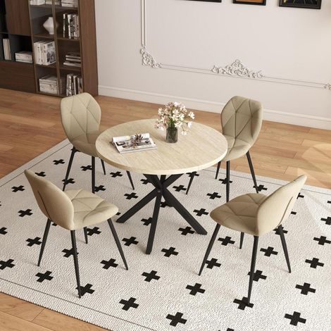 Esstisch-Set mit 4 Stühlen, 100 cm runder Tisch, Leinenstühle, Küche/Esszimmer (1/5)