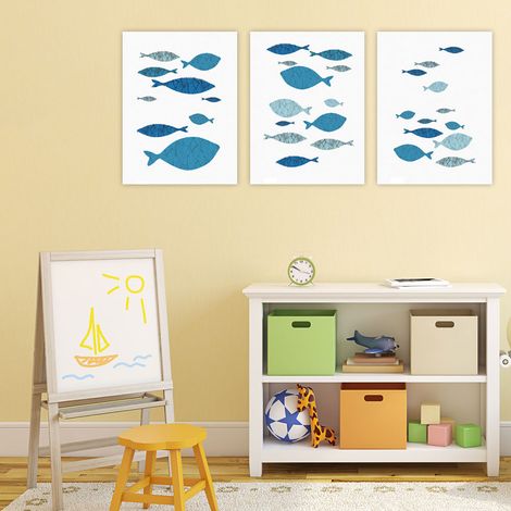 3 Pcs Tableau Toile Murale Poisson Dessin Animé Impression Déco Maison Bureau (1/2)