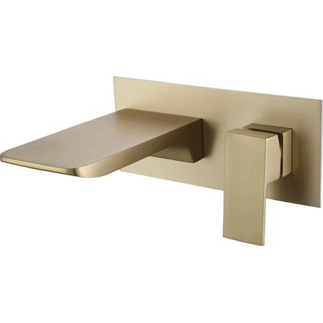 An der Wand montierter Wasserfall-Badezimmerhahn, an der Wand montierter Waschtisch-Mischhahn, an der Wand montierter Wasserfall-Wasserhahn aus Messing (gebürstetes Gold) MUMU (1/3)