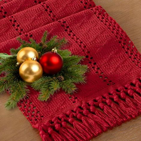 Chemin de table bohème macramé : Chemin de table rustique en coton et lin tissé de style ferme pour l’automne et Thanksgiving, avec des pompons, pour commode, décoration maison, salle à manger, 12 x 4 (1/4)