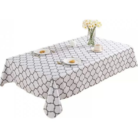 Nappe rectangulaire en polyester marocain imperméable et infroissable - Housse de table lavable - 152 x 259 cm (60 x 102 pouces) - Blanc et gris (1/5)