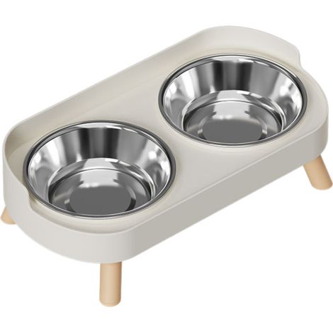Comedero doble antivuelco para gatos y perros, con protección para el cuello y antisalpicaduras, de acero inoxidable (blanco marfil).