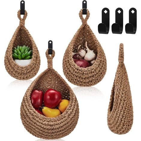 Panier mural suspendu en forme de larme paniers suspendus panier à oignons suspendus manteau bohème stockage fruits crochets muraux pour cuisine mur maison restaurant stockage ail légumes mur jardiniè (1/4)