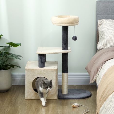 Arbre à chat de 92 cm avec maisonnette, panier, poteaux en sisal et balle. Blanc crème. (1/5)