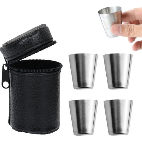 Bicchierini da shot in acciaio inox da 30 ml – Set di 2 bicchierini in miniatura con custodia in pelle, ideali per campeggio ed escursionismo.