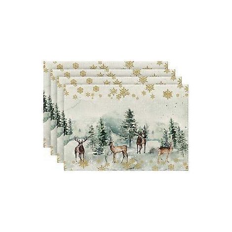 4er-Set Tischsets mit Aquarellmotiven (Hirsche, Bäume, Schneeflocken), 12 x 18 Zoll