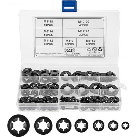 Lot de 340 bagues de sécurité rondelles, anneaux de retenue à encoche intérieure assortiment fermeture rapide (1/5)