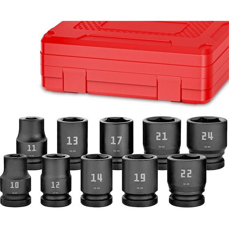 Juego de vasos de impacto cortos de 1/2" de 6 caras de 10,11,12,13,14,17,19,21,22,24 mm. 10 piezas (1/5)