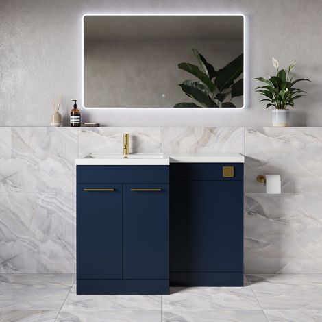 Napoli 390 Deep Blue 1100mm 2 Door Vanity Unit Toilet Suite with Square Left Hand Lucia Basin - 1100mm - Brushed Brass 160mm HandleWithout Kingston Toilet Pan