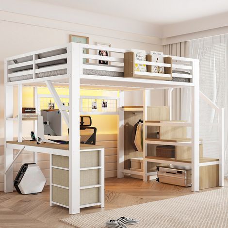 Lit mezzanine en métal, 140x200 cm, lit double, Lit mezzanine multifonction avec bureau, 3 tiroirs, compartiments de rangement et armoire, LED, blanc (1/5)