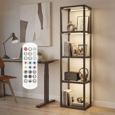 RGB Stehlampe mit Glasregalen, 4-Ebenen-LED-Stehleuchte mit Fernbedienung, Musiksynchronisation, Schwarz