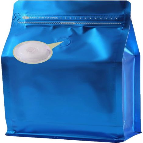Sachets d'emballage pour grains de café en aluminium épais avec valve d'évacuation, bleu foncé, fond plat, fermeture éclair latérale, 227 g (8 oz), 13 x 20 + 7 cm, lot de 100. (1/5)
