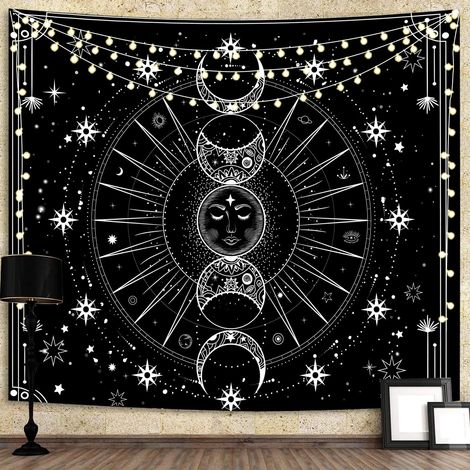 Tapisserie Sun Moon Tenture murale Soleil avec étoiles Espace Tapisserie murale psychédélique noir et blanc pour chambre à coucher, salon, dortoir Décoration murale pour la maison (51,2 "L x 59,1" W/ (1/4)