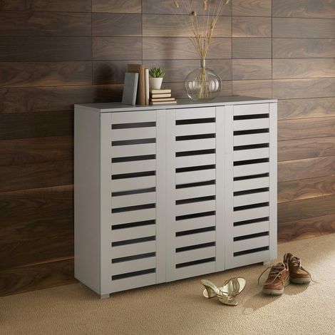 Oslo 3 Door Grey Wooden Shoe Storage Cabinet Rack Stand Cupboard Slatted Doors (1/5)