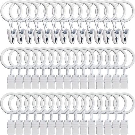45 Gardinenringe mit Clips – Weiß, robuste Gardinenclips, Befestigungshaken für Spannstangen, dekorative Haken für Gardinen und Fensterrahmen mit Metallloch-Innendurchmesser