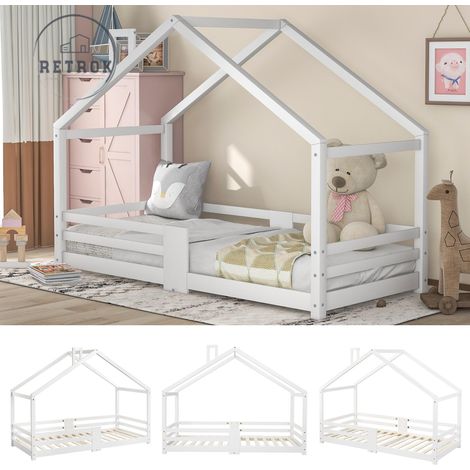 Lit 90x200cm maison pour enfants avec cheminée et protection - Sommiers à lattes en bois de pin - Blanc