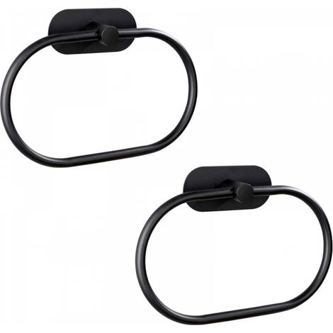 Lot de 2 anneaux porte-serviettes autocollants pour salle de bain, fixation murale, acier inoxydable, accessoires de quincaillerie, sans perçage, porte-serviettes rond moderne, noir (1/5)