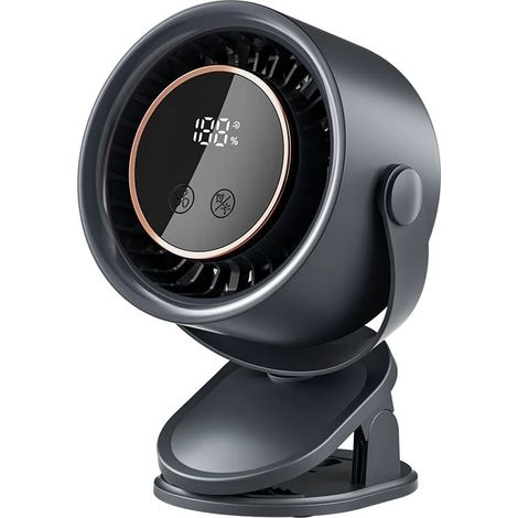 (Gris) Ventilateur à pince rechargeable avec affichage LED, fonctionnement silencieux, vitesse réglable, convient à une utilisation à domicile et en extérieur. (1/5)