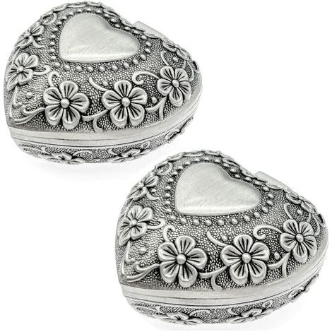 Lot de 2 petites boîtes à bijoux en métal velours avec couvercle, style victorien sculpté, vintage, en forme de cœur, pour bijoux, souvenirs, boucles d'oreilles (1/5)