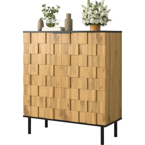Meuble à Chaussures 2 portes style mosaïque aspect bois panneau de particules pieds métal compartiments réglables en hauteur (1/5)