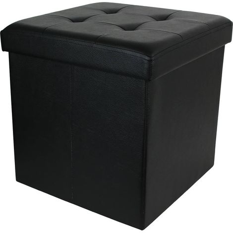 Pouf Coffre Pliable Carré Simili Cuir Noir Capitonné (1/5)