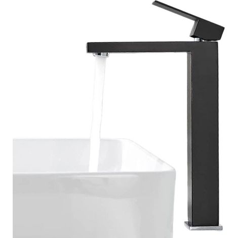 Robinet de lavabo haut noir mat, mitigeur monocommande en acier inoxydable avec cartouche céramique pour vasque surélevée (1/5)