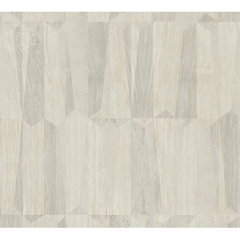 Empapelado aspecto madera Profhome 387431 papel pintado vinílico estampado en caliente tejido non tejido ligeramente texturado de aspecto madera efecto satinado beige gris blanco crema 5,33 m2