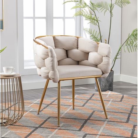 Sillón auxiliar de terciopelo, con reposabrazos y patas de metal, estilo moderno, beige (1/5)