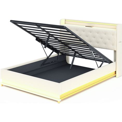 Cama tapizada LED 140 x 200 cm con puerto USB y almacenamiento hidráulico de lino beige HOMVRA (1/5)