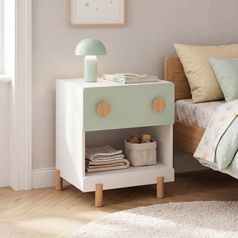Comodino per Cameretta Vaarentaa con Cassetto e Scomparto Aperto 47x40x35 cm - Bianco/Verde Menta [en.casa] (1/5)