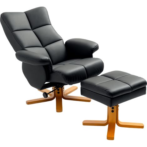 PU Leather Swivel Recliner Chair with Footstool, Wooden Base and Storage for Living Room, Black (1/5)