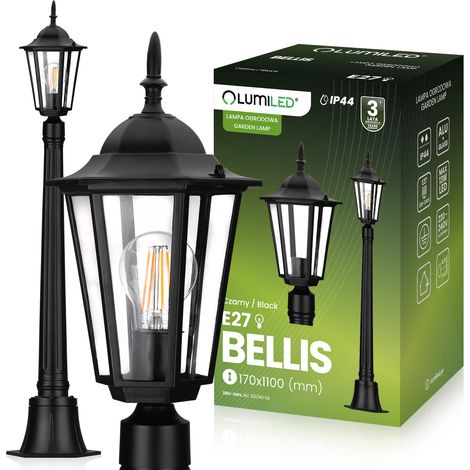 Lámpara de jardín exterior E27, tipo farol de poste, 110 cm, color negro, marca Bellis Lumiled. (1/5)