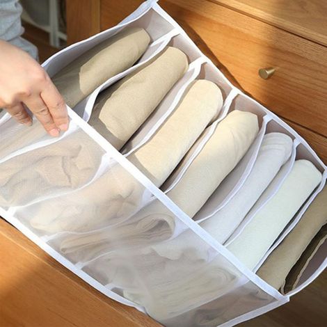 Lot de 2 boîtes de rangement blanches à 7 compartiments pour pantalons, avec séparateurs. Organisateur de placard pour pantalons. (1/5)